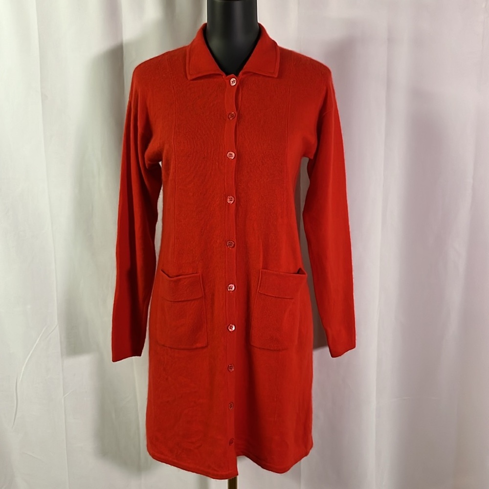 Vintage Bloomingdale’s Cherry Red Cashmere Button Front Collared Sweater Dress